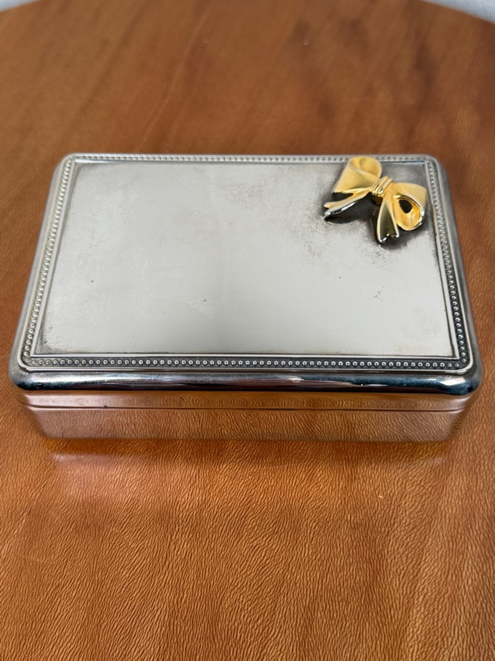 Vintage Silver Plated Jewelry Box w/ Gold Colored Bow Blue Velvet Lined